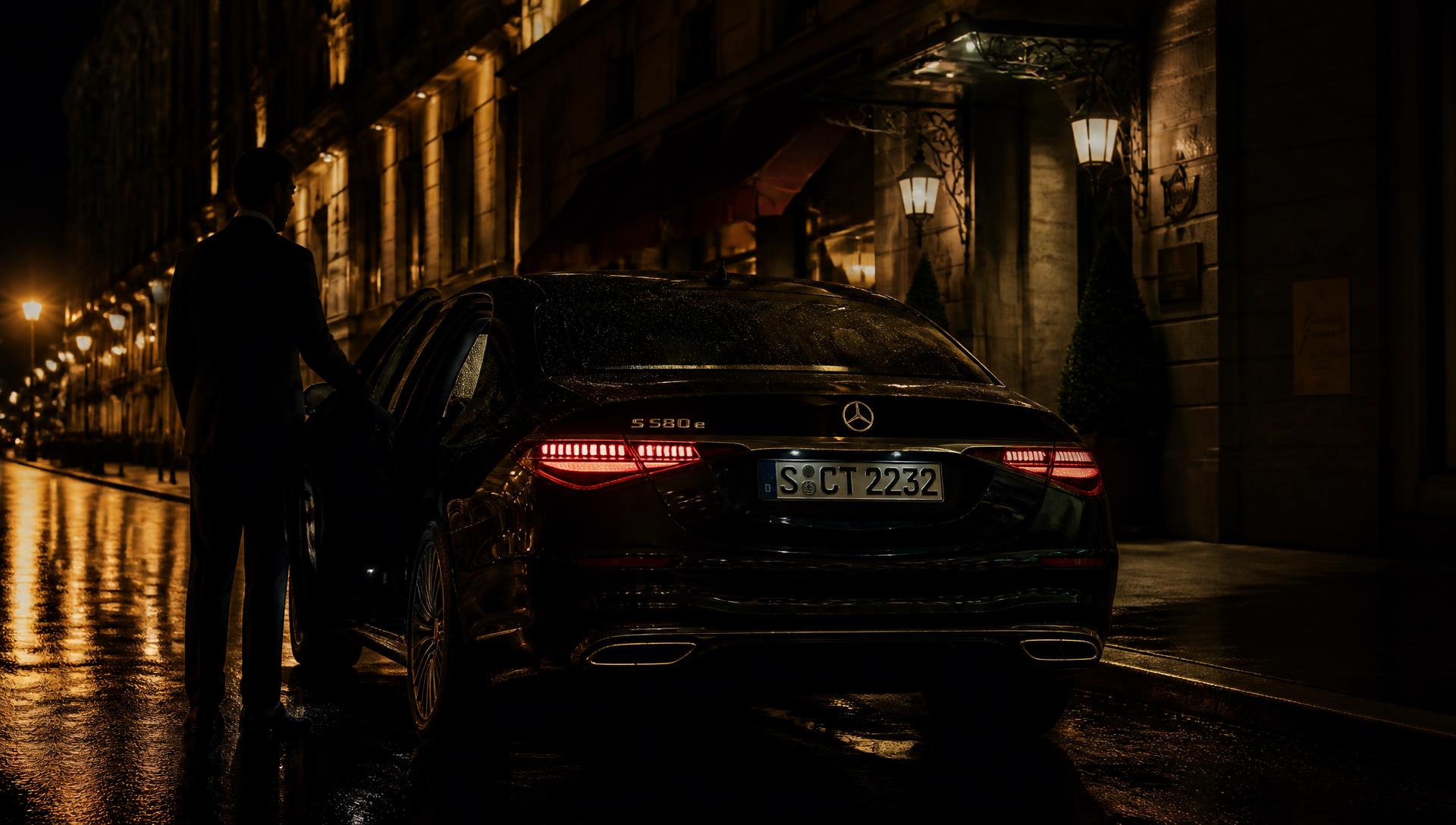 Chauffeur opening the door of a black luxury sedan on a rain-slicked city street at night